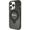 Guess GUHMP15LHRSGSK Ring Stand Script Glitter MagSafe kietasis dėklas, skirtas Apple iPhone 15 Pro, juodas