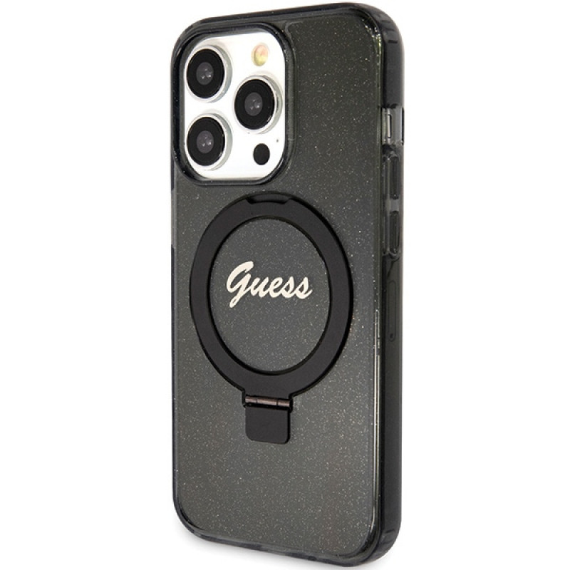 Guess GUHMP15LHRSGSK Ring Stand Script Glitter MagSafe kietasis dėklas, skirtas Apple iPhone 15 Pro, juodas