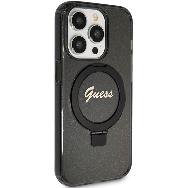 Guess GUHMP15LHRSGSK Ring Stand Script Glitter MagSafe kietasis dėklas, skirtas Apple iPhone 15 Pro, juodas