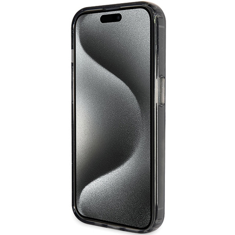 Guess GUHMP15LHRSGSK Ring Stand Script Glitter MagSafe kietasis dėklas, skirtas Apple iPhone 15 Pro, juodas