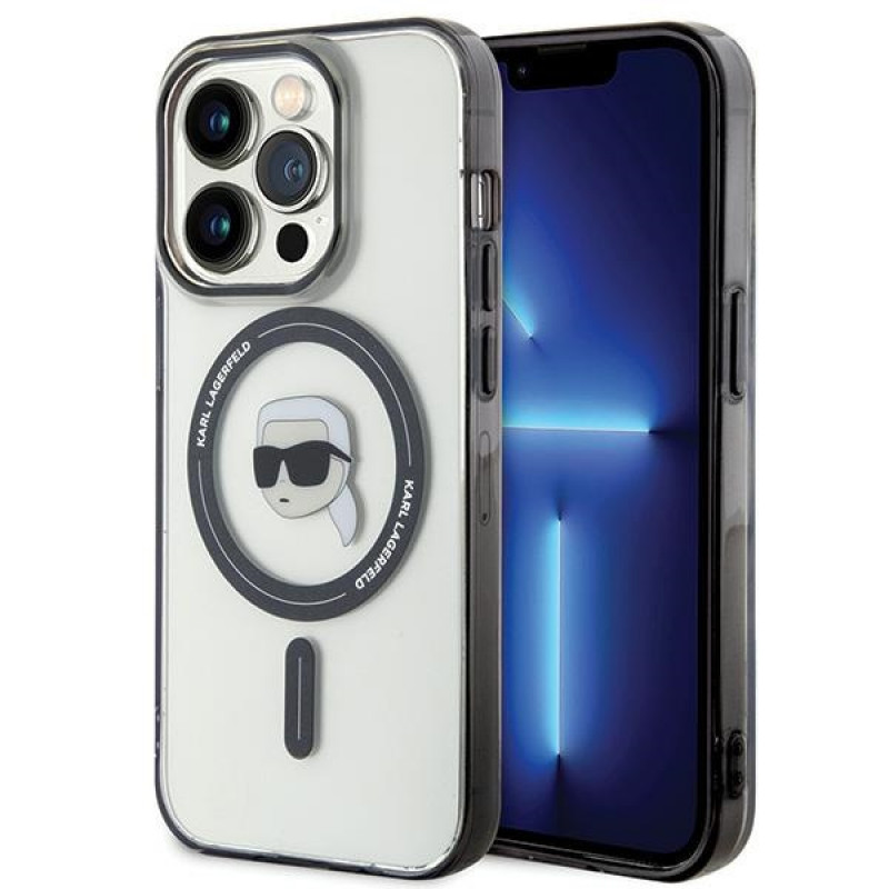 Karl Lagerfeld KLHMP15LHKHNOTK IML Karl's Head MagSafe kietasis dėklas, skirtas Apple iPhone 15 Pro, permatomas
