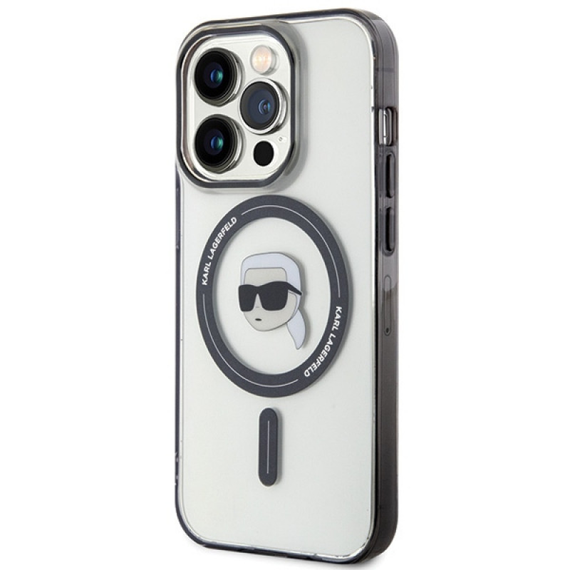 Karl Lagerfeld KLHMP15LHKHNOTK IML Karl's Head MagSafe kietasis dėklas, skirtas Apple iPhone 15 Pro, permatomas