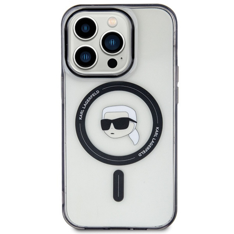 Karl Lagerfeld KLHMP15LHKHNOTK IML Karl's Head MagSafe kietasis dėklas, skirtas Apple iPhone 15 Pro, permatomas