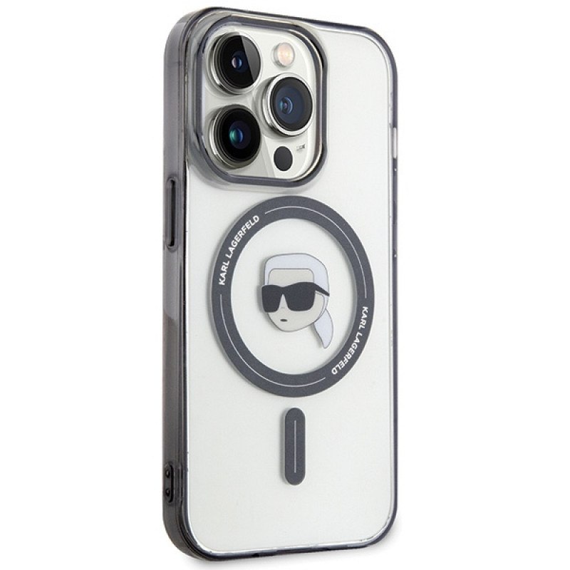 Karl Lagerfeld KLHMP15LHKHNOTK IML Karl's Head MagSafe kietasis dėklas, skirtas Apple iPhone 15 Pro, permatomas