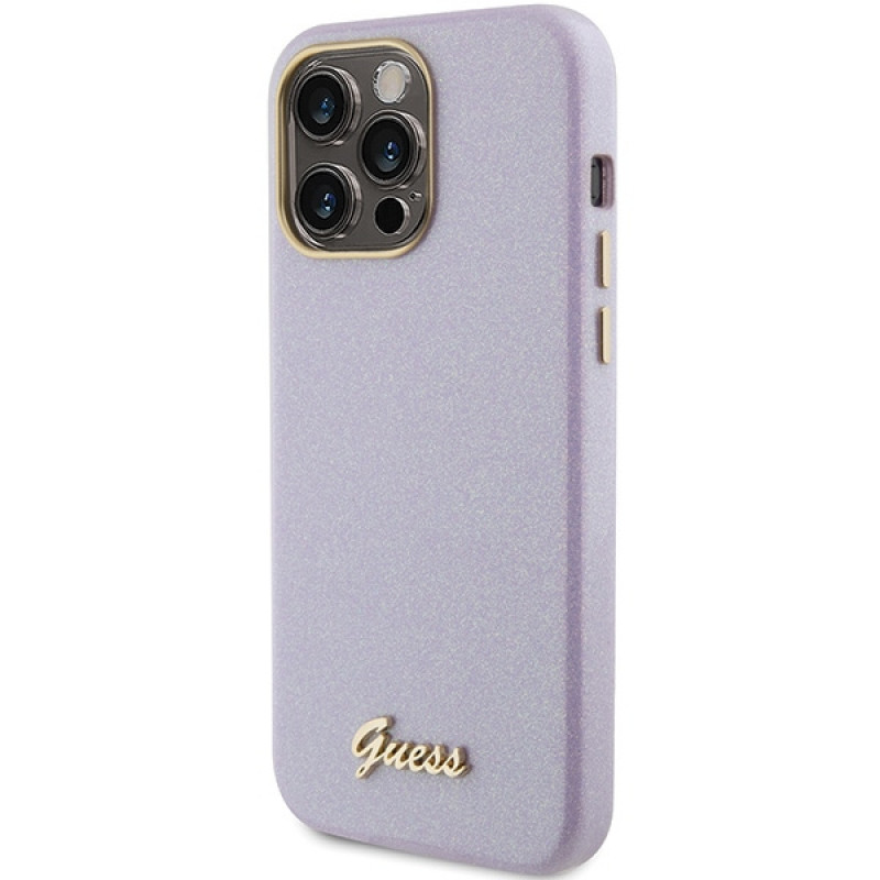 Guess GUHCP15XPGMCSL Glitter Glossy Script kietasis dėklas, skirtas Apple iPhone 15 Pro Max, alyvinės spalvos