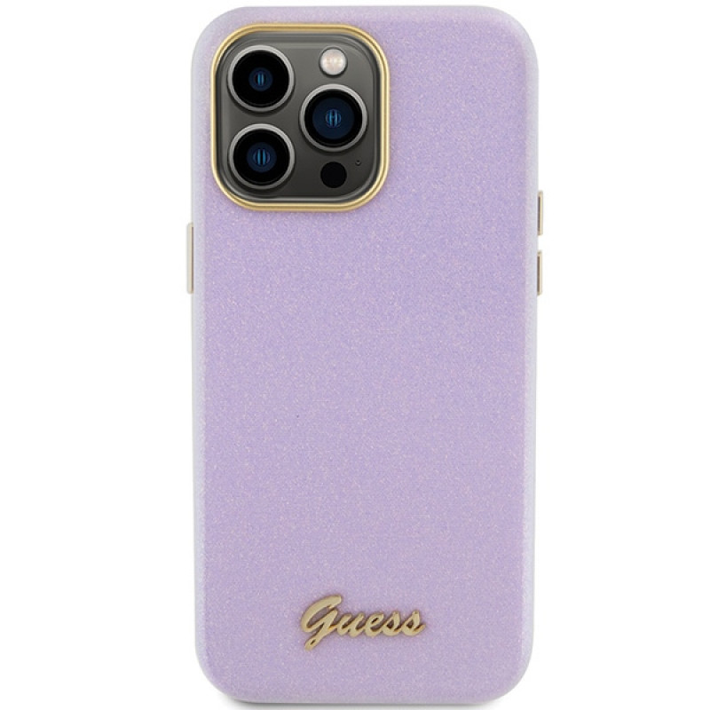 Guess GUHCP15XPGMCSL Glitter Glossy Script kietasis dėklas, skirtas Apple iPhone 15 Pro Max, alyvinės spalvos