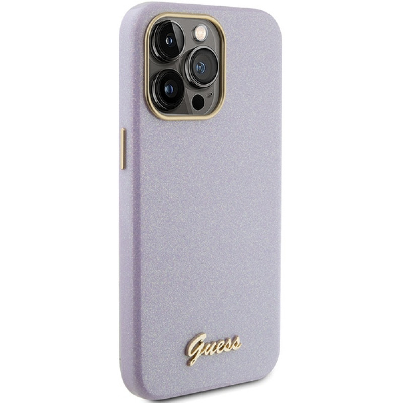 Guess GUHCP15XPGMCSL Glitter Glossy Script kietasis dėklas, skirtas Apple iPhone 15 Pro Max, alyvinės spalvos