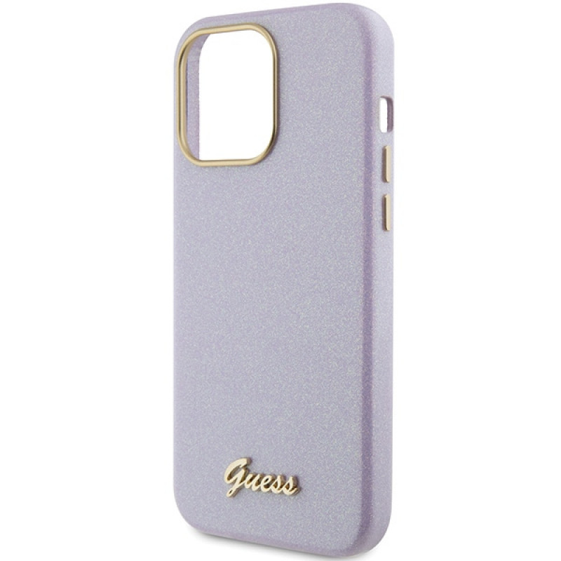 Guess GUHCP15XPGMCSL Glitter Glossy Script kietasis dėklas, skirtas Apple iPhone 15 Pro Max, alyvinės spalvos