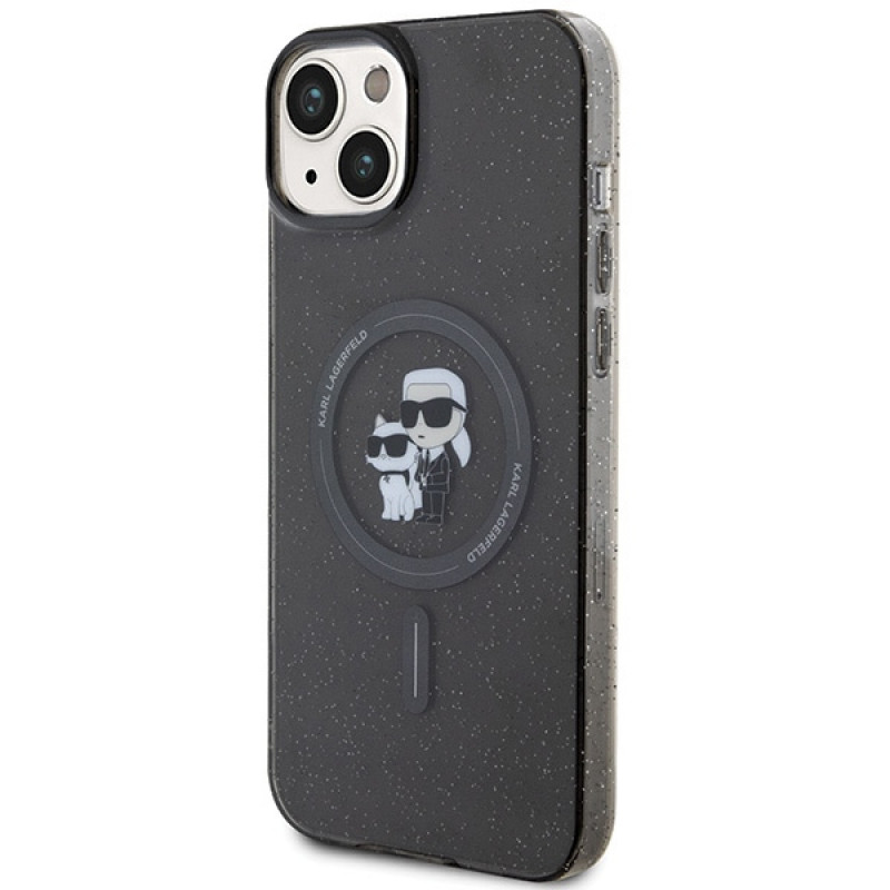 Karl Lagerfeld KLHMP15SHGKCNOK Karl&Choupette Glitter MagSafe kietasis dėklas, skirtas Apple iPhone 15, juodas