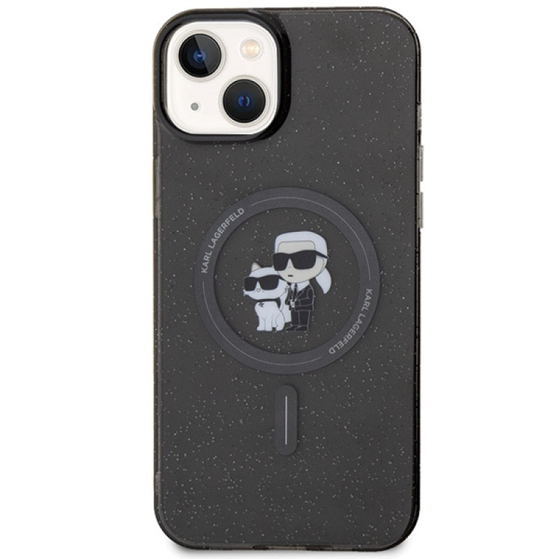 Karl Lagerfeld KLHMP15SHGKCNOK Karl&Choupette Glitter MagSafe kietasis dėklas, skirtas Apple iPhone 15, juodas