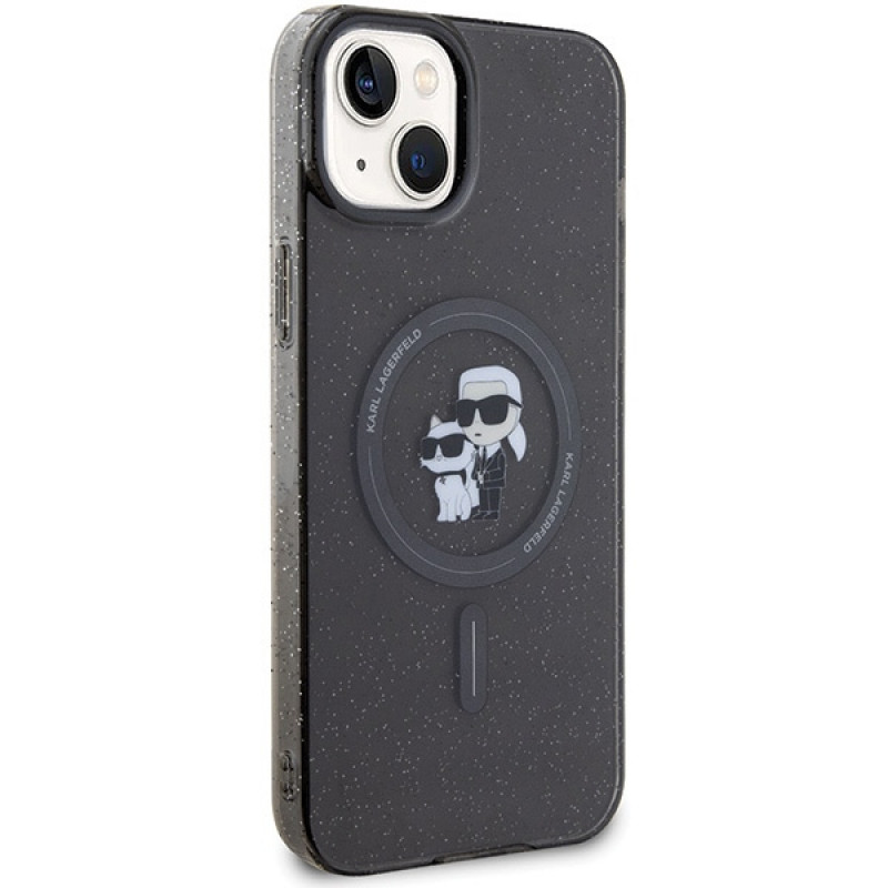 Karl Lagerfeld KLHMP15SHGKCNOK Karl&Choupette Glitter MagSafe kietasis dėklas, skirtas Apple iPhone 15, juodas