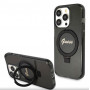 Guess GUHMP15XHRSGSK Ring Stand Script Glitter MagSafe kietasis dėklas, skirtas Apple iPhone 15 Pro Max, juodas