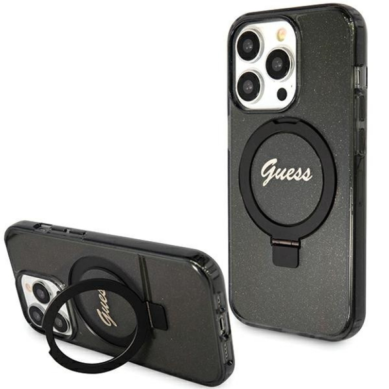 Guess GUHMP15XHRSGSK Ring Stand Script Glitter MagSafe kietasis dėklas, skirtas Apple iPhone 15 Pro Max, juodas