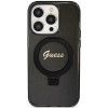 Guess GUHMP15XHRSGSK Ring Stand Script Glitter MagSafe kietasis dėklas, skirtas Apple iPhone 15 Pro Max, juodas