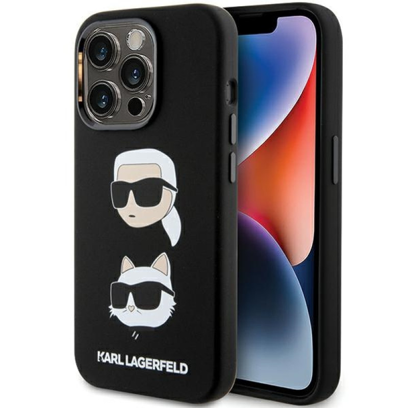 Karl Lagerfeld KLHCP15XSDHKCNK skysto silikono Karl and Choupette Heads dėklas, skirtas Apple iPhone 15 Pro Max, juodas