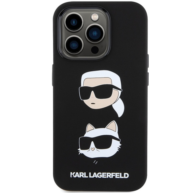 Karl Lagerfeld KLHCP15XSDHKCNK skysto silikono Karl and Choupette Heads dėklas, skirtas Apple iPhone 15 Pro Max, juodas