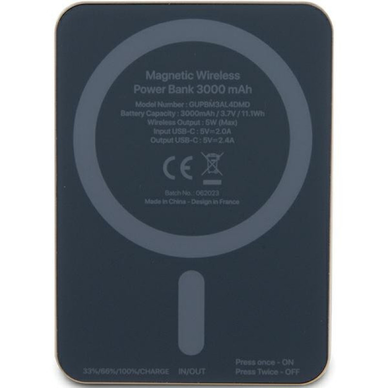 Guess GUPBM3AL4DMD nešiojamasis įkroviklis 3000 mAh, 5 W, MagSafe 4G Strassed Metal Logo, auksinis