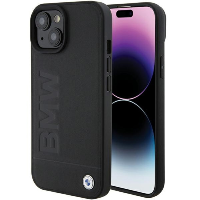 BMW BMHCP15MSLLBK Leather Hot Stamp kietasis dėklas, skirtas Apple iPhone 15 Plus / 14 Plus, juodas