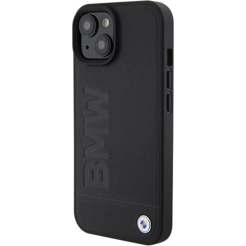 BMW BMHCP15MSLLBK Leather Hot Stamp kietasis dėklas, skirtas Apple iPhone 15 Plus / 14 Plus, juodas