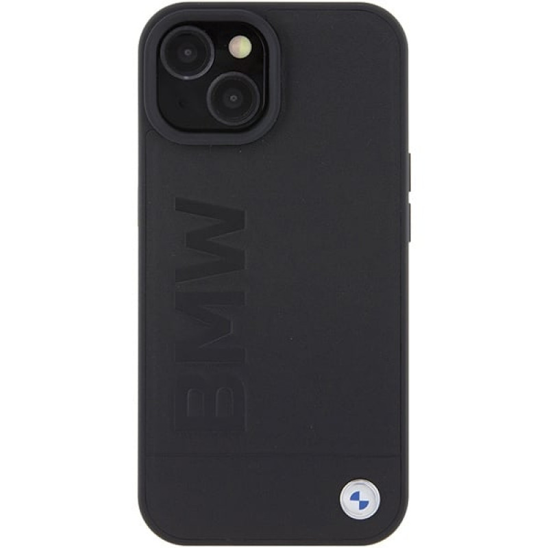 BMW BMHCP15MSLLBK Leather Hot Stamp kietasis dėklas, skirtas Apple iPhone 15 Plus / 14 Plus, juodas