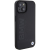 BMW BMHCP15MSLLBK Leather Hot Stamp kietasis dėklas, skirtas Apple iPhone 15 Plus / 14 Plus, juodas