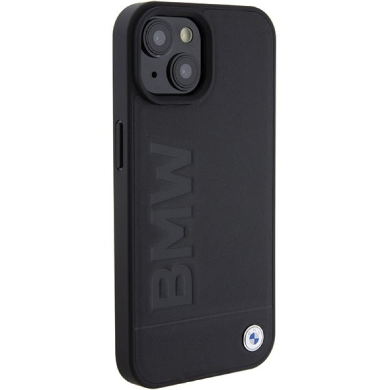BMW BMHCP15MSLLBK Leather Hot Stamp kietasis dėklas, skirtas Apple iPhone 15 Plus / 14 Plus, juodas