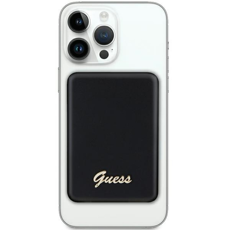 Guess GUPBM3ALGSGK nešiojamas akumuliatorius 3000 mAh, 5 W, MagSafe Metal Script Logo, juodas