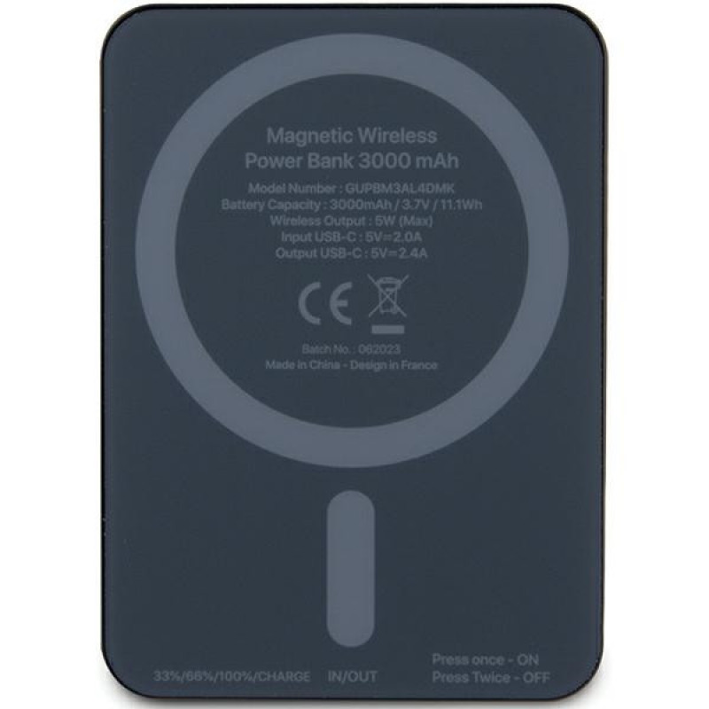 Guess GUPBM3ALGSGK nešiojamas akumuliatorius 3000 mAh, 5 W, MagSafe Metal Script Logo, juodas