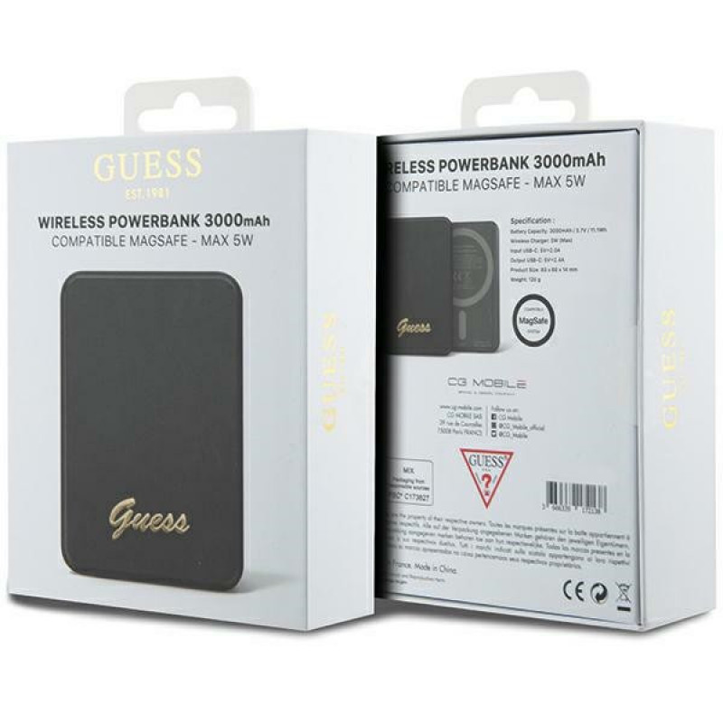 Guess GUPBM3ALGSGK nešiojamas akumuliatorius 3000 mAh, 5 W, MagSafe Metal Script Logo, juodas