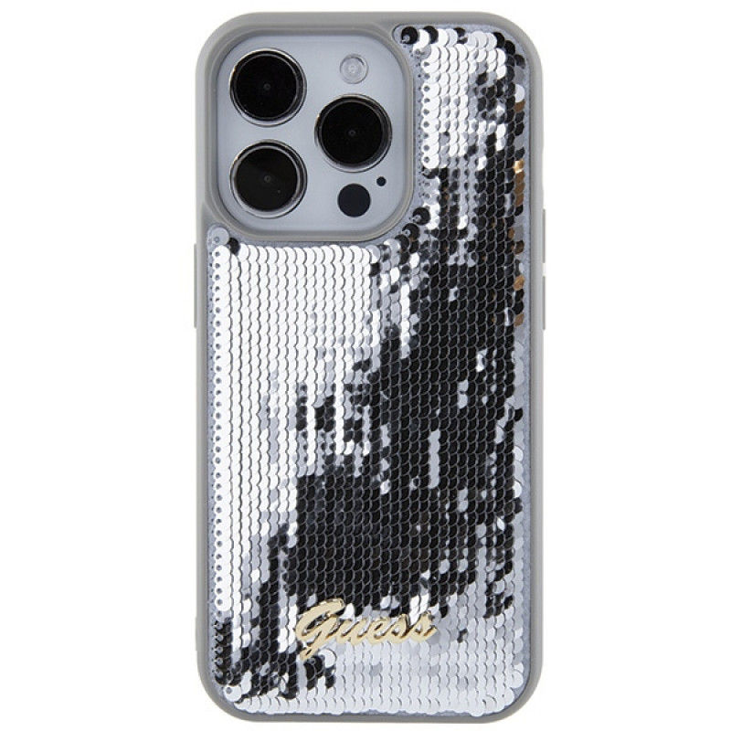 Guess GUHCP15LPSFDGSS Sequin Script Metal kietasis dėklas, skirtas Apple iPhone 15 Pro, sidabrinis