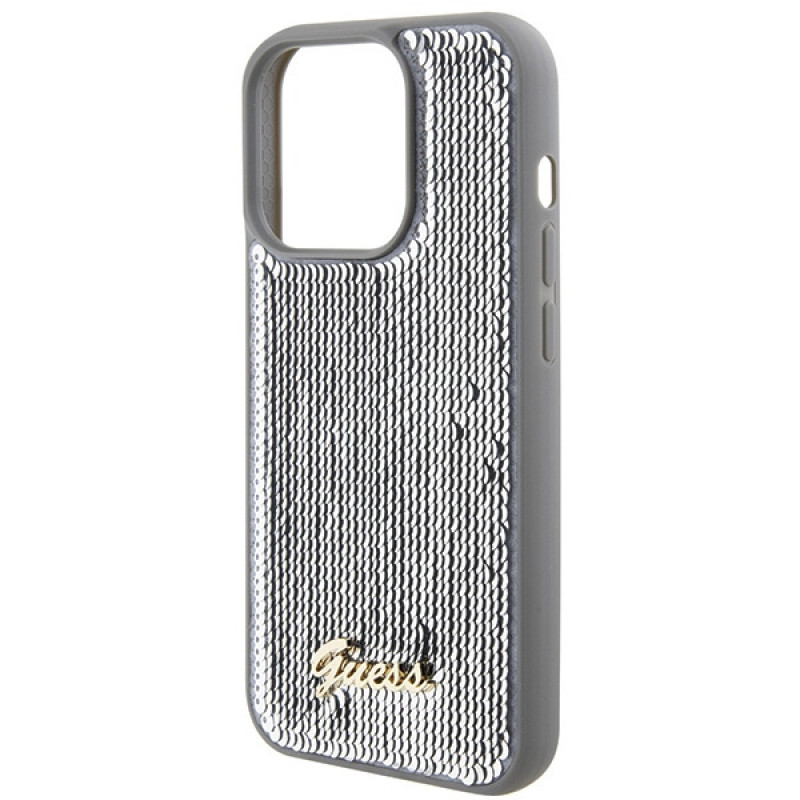 Guess GUHCP15LPSFDGSS Sequin Script Metal kietasis dėklas, skirtas Apple iPhone 15 Pro, sidabrinis