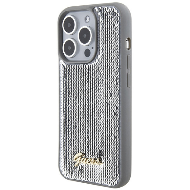 Guess GUHCP15XPSFDGSS Sequin Script Metal kietasis dėklas, skirtas Apple iPhone 15 Pro Max, sidabrinis