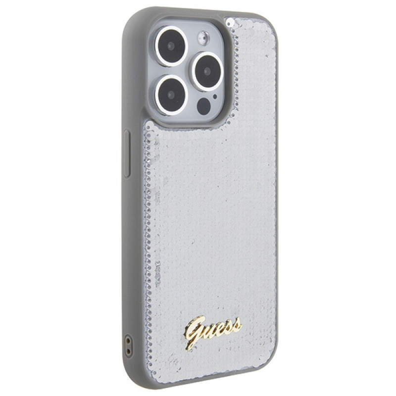 Guess GUHCP15XPSFDGSS Sequin Script Metal kietasis dėklas, skirtas Apple iPhone 15 Pro Max, sidabrinis