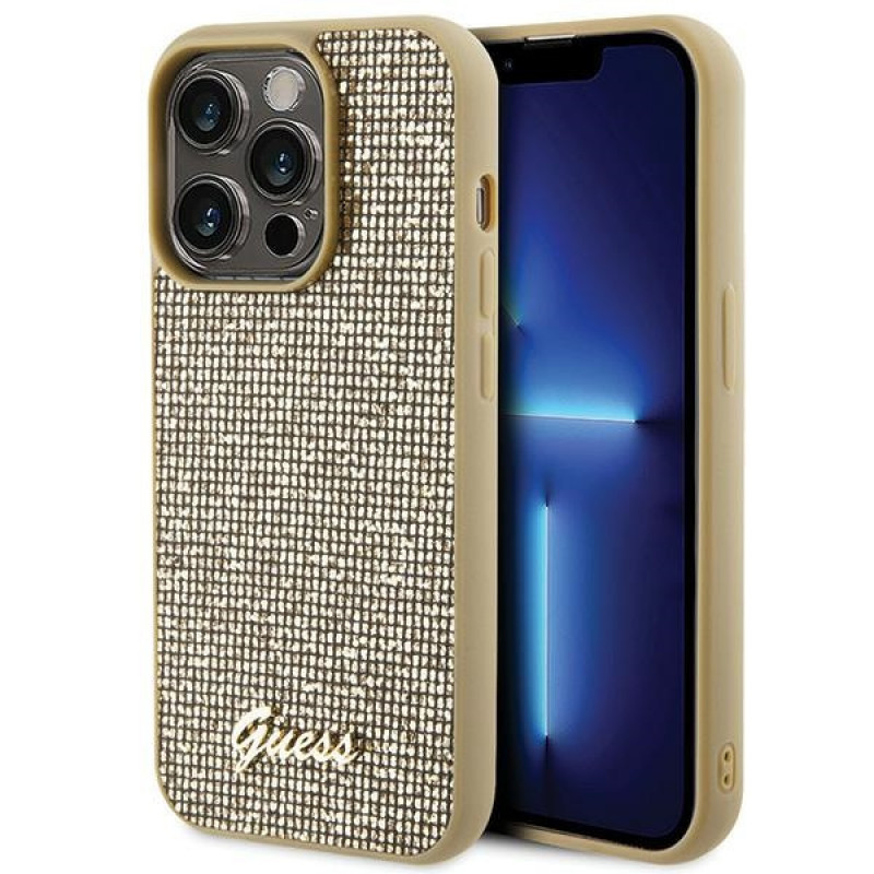 Guess GUHCP15LPMSDGSD Disco Metal Script kietasis dėklas, skirtas Apple iPhone 15 Pro, auksinis