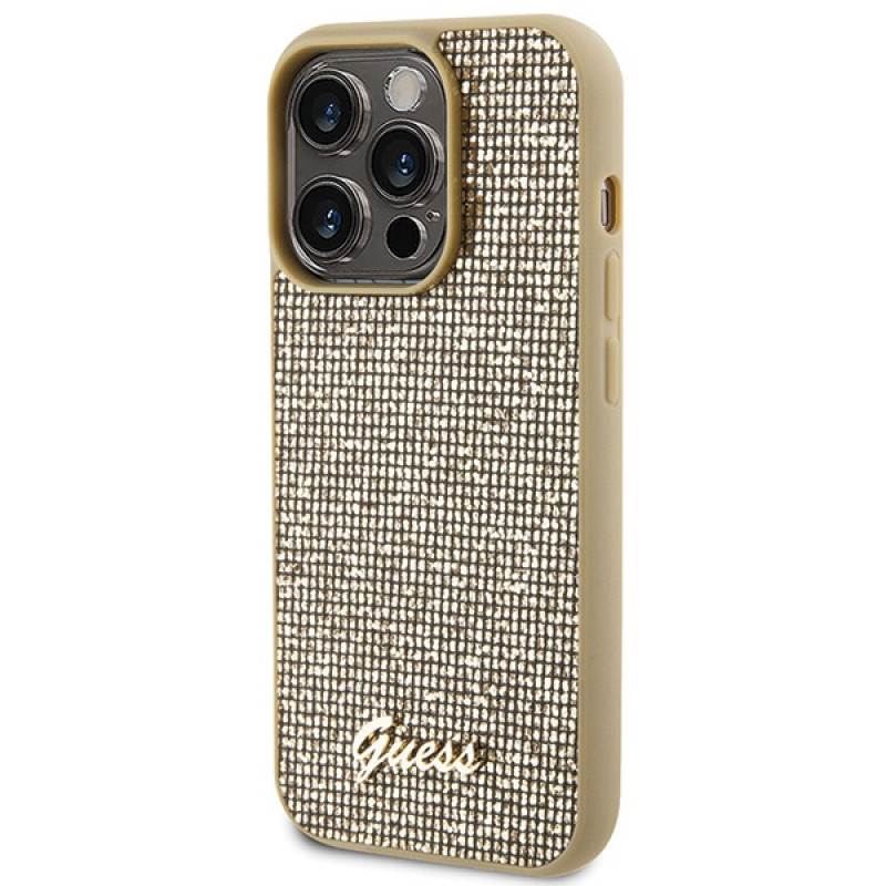 Guess GUHCP15LPMSDGSD Disco Metal Script kietasis dėklas, skirtas Apple iPhone 15 Pro, auksinis
