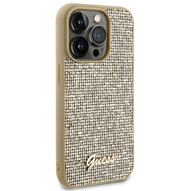 Guess GUHCP15LPMSDGSD Disco Metal Script kietasis dėklas, skirtas Apple iPhone 15 Pro, auksinis