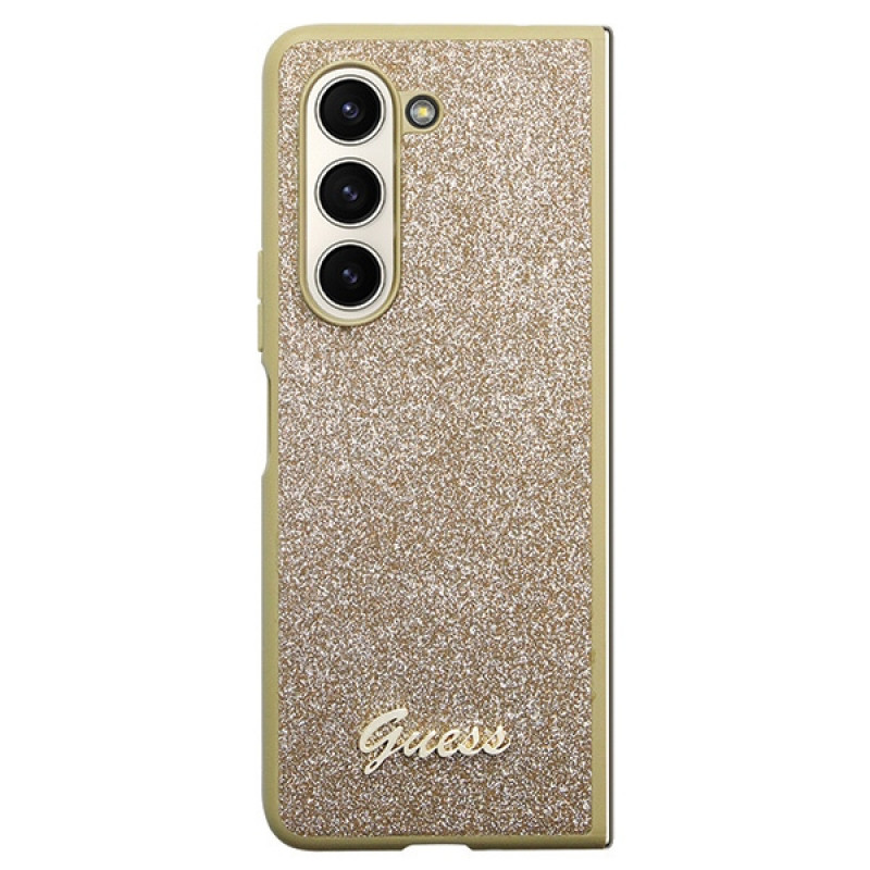 Guess GUHCZFD5HGGSHD Glitter Script kietasis dėklas, skirtas Samsung Galaxy Z Fold5, auksinis