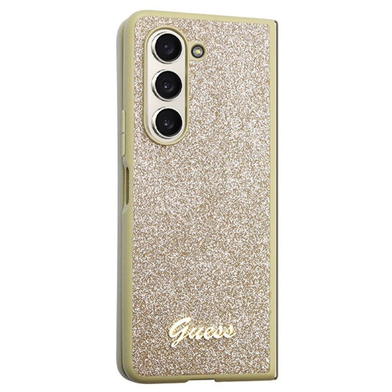 Guess GUHCZFD5HGGSHD Glitter Script kietasis dėklas, skirtas Samsung Galaxy Z Fold5, auksinis