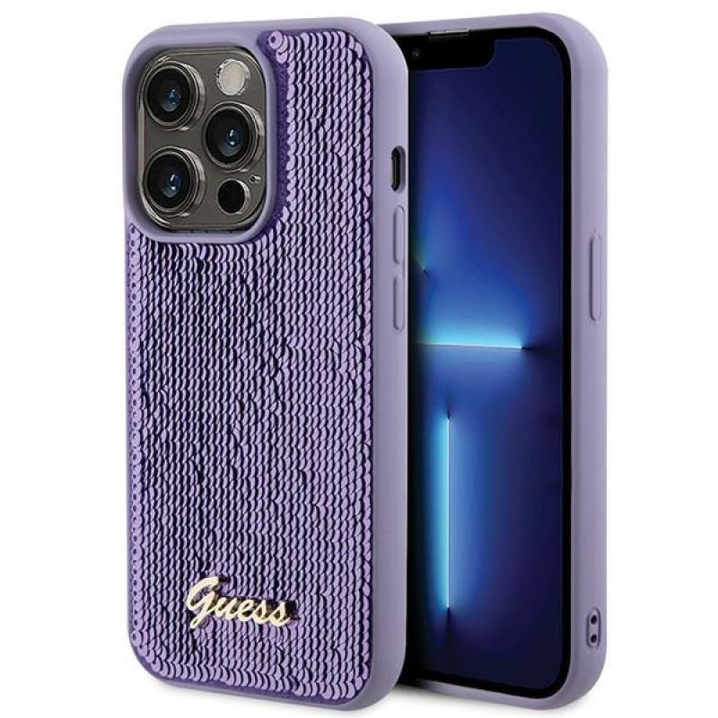 Guess GUHCP15XPSFDGSU Sequin Script Metal kietasis dėklas, skirtas Apple iPhone 15 Pro Max, purpurinis