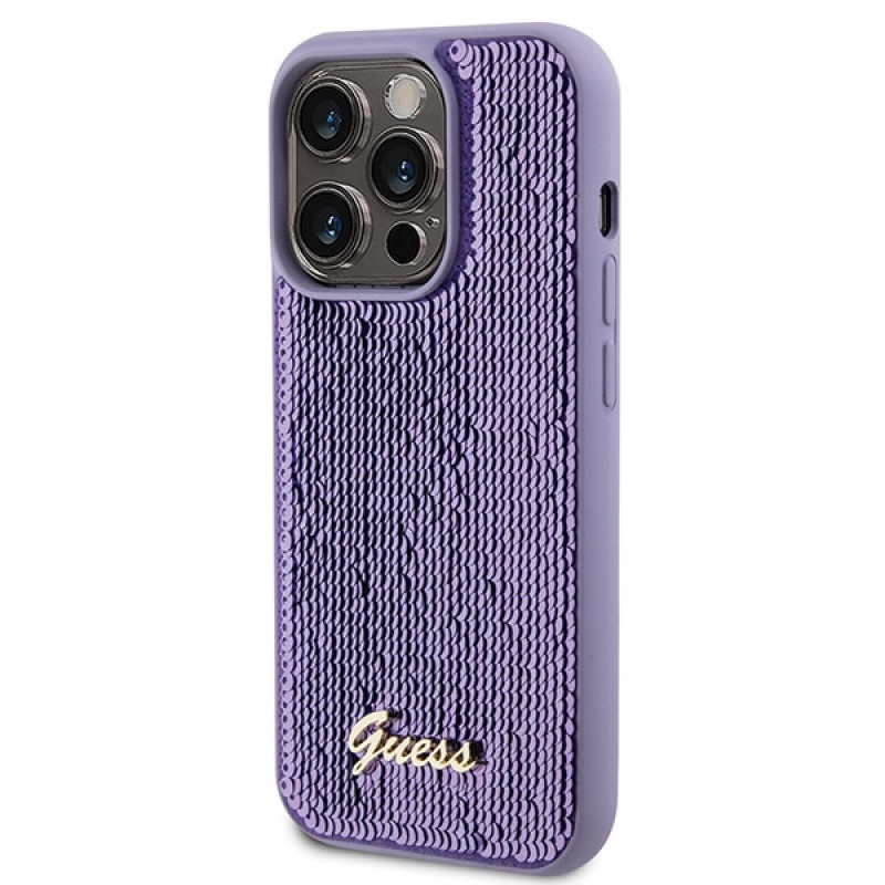 Guess GUHCP15XPSFDGSU Sequin Script Metal kietasis dėklas, skirtas Apple iPhone 15 Pro Max, purpurinis