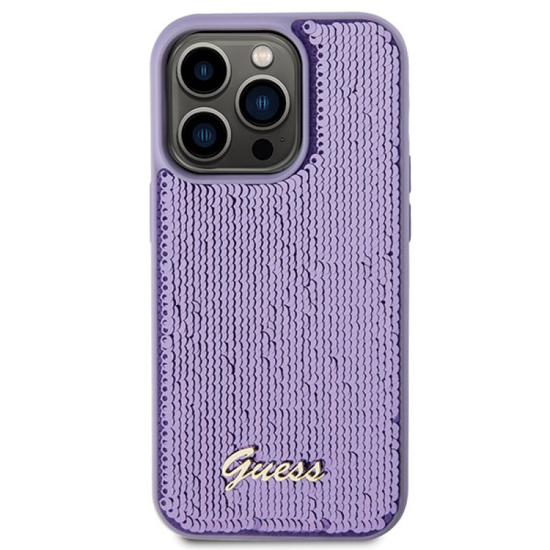 Guess GUHCP15XPSFDGSU Sequin Script Metal kietasis dėklas, skirtas Apple iPhone 15 Pro Max, purpurinis