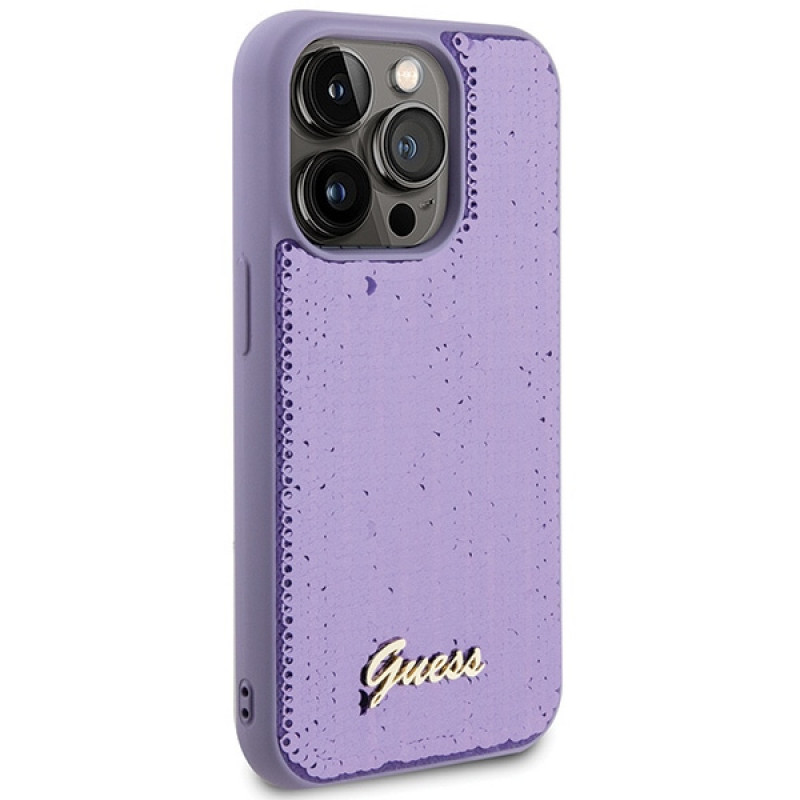 Guess GUHCP15XPSFDGSU Sequin Script Metal kietasis dėklas, skirtas Apple iPhone 15 Pro Max, purpurinis