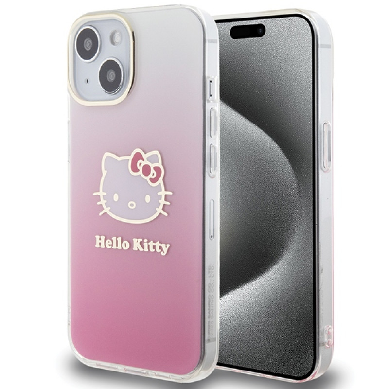 Hello Kitty HKHCP15SHDGKEP IML Gradient Electrop Kitty Head kietasis dėklas, skirtas Apple iPhone 15 6,1", rausvas