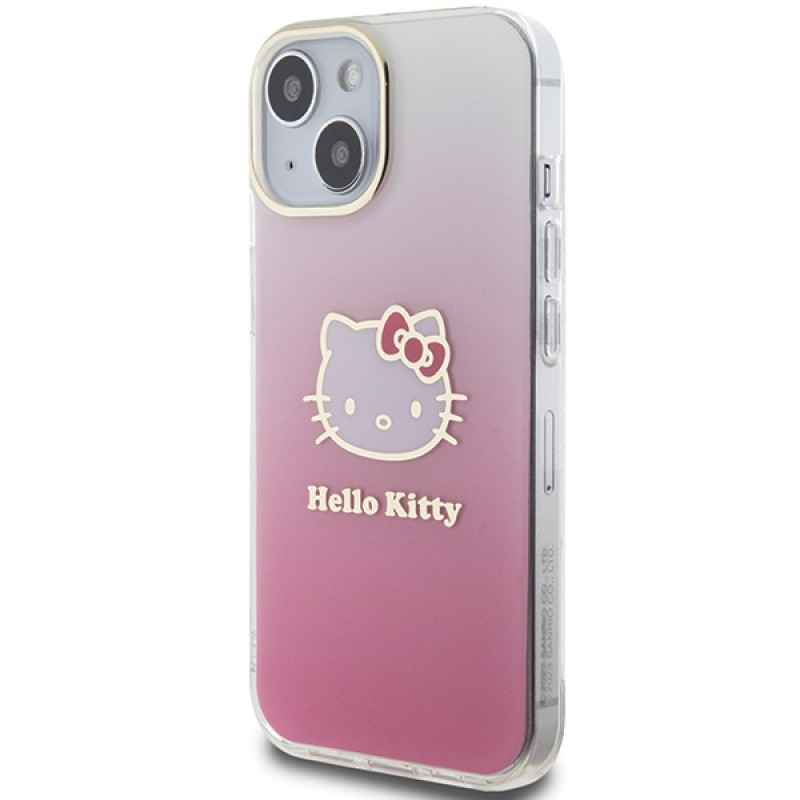 Hello Kitty HKHCP15SHDGKEP IML Gradient Electrop Kitty Head kietasis dėklas, skirtas Apple iPhone 15 6,1", rausvas