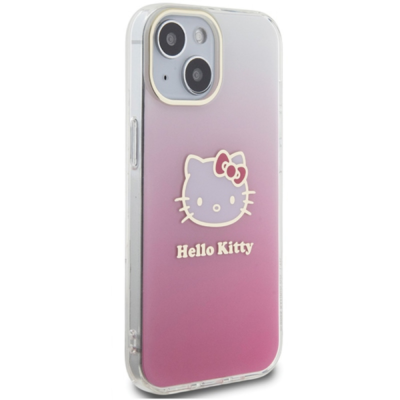 Hello Kitty HKHCP15SHDGKEP IML Gradient Electrop Kitty Head kietasis dėklas, skirtas Apple iPhone 15 6,1", rausvas