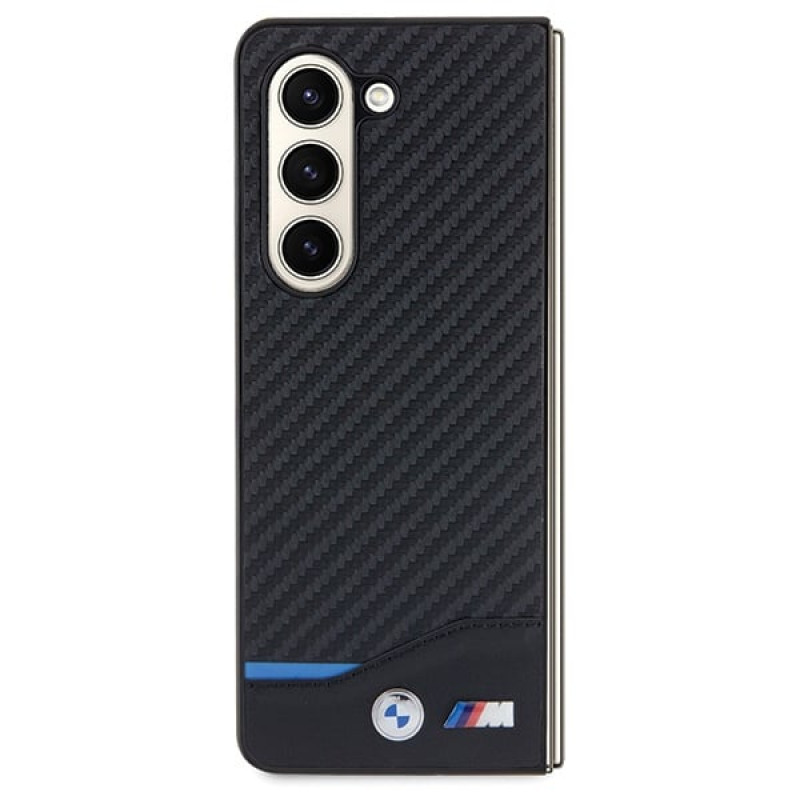 BMW BMHCZFD522NBCK Leather Carbon kietasis dėklas, skirtas Samsung Galaxy Z Fold5, juodas