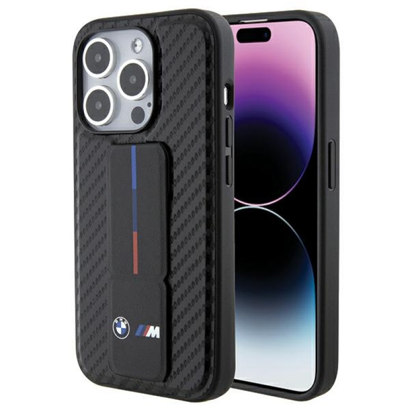 BMW BMHCP15LGSPCCK Apple iPhone 15 Pro dėklas Grip Stand Smooth & Carbon, juodas