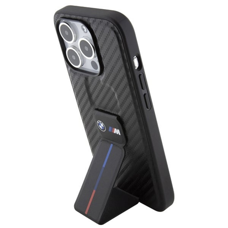 BMW BMHCP15LGSPCCK Apple iPhone 15 Pro dėklas Grip Stand Smooth & Carbon, juodas