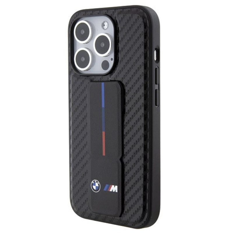 BMW BMHCP15LGSPCCK Apple iPhone 15 Pro dėklas Grip Stand Smooth & Carbon, juodas