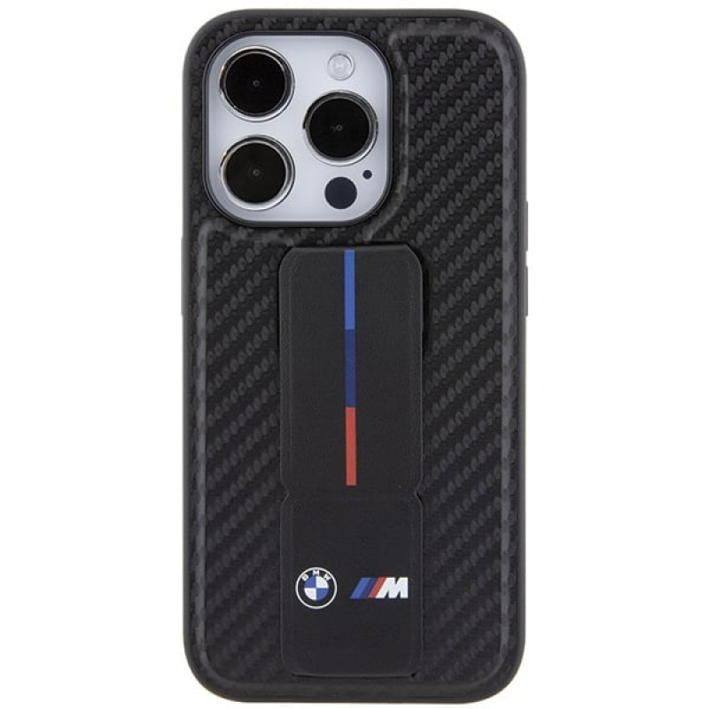BMW BMHCP15LGSPCCK Apple iPhone 15 Pro dėklas Grip Stand Smooth & Carbon, juodas